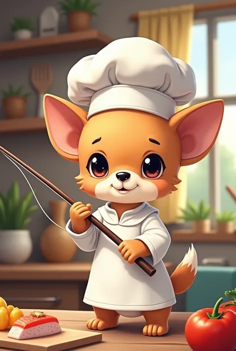 Dog chef with a fishing rod　Cute illustration　Chihuahua　black

