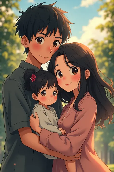 cinematic poster about a girl, a guy and their daugther, she is kid.  anime.