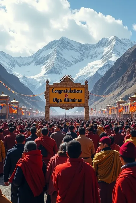 Give me a picture with millions of people celebrating a party on a Tibetan mountain with a sign saying congratulations Olga Altimiras