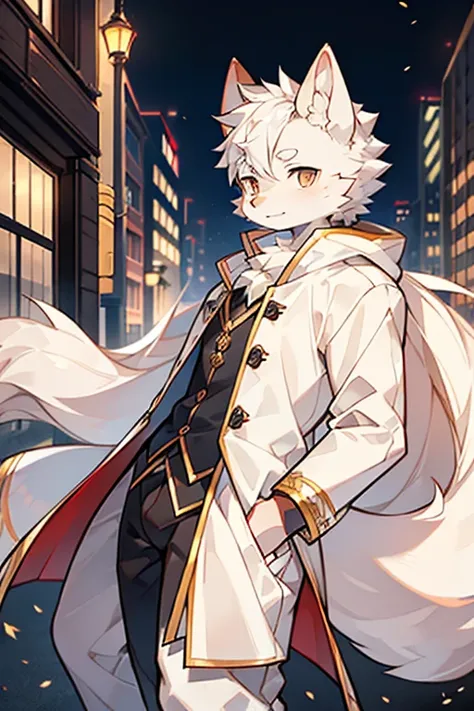 Exquisite lines，best quality。young，male，White Wolf Orcs，higher，Long white coat，White pants，Golden pupils，Background city bustling streets，night