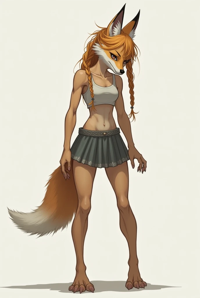 fox man, with long, tied-up hair, wearing a short skirt and embarrassed 