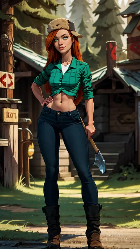 wendy corduroy, break: long straight reddish brown hair, fitted green flannel over shirt 3/4 cropped, tight white sports bra und...