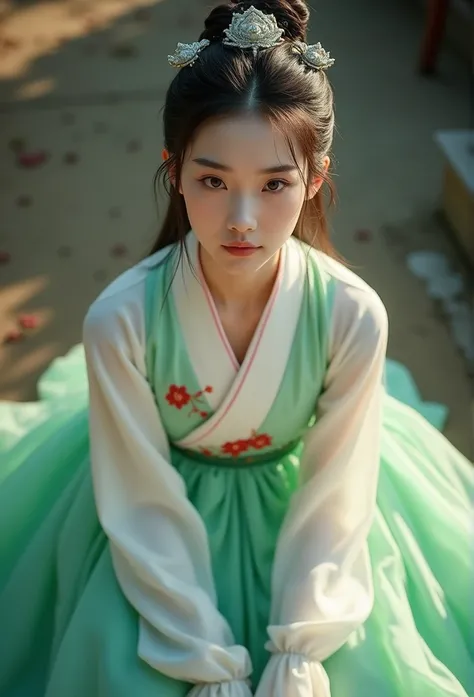 Crouching full body shot of a beautiful girl in traditional Hanbok, (Empress of Joseon Dynasty_glamour, elegance, aura, intricate and delicate details), perfect face with detailed details, ornate hair decoration, (fluorescent Hanbok_white jeogori(coat stri...