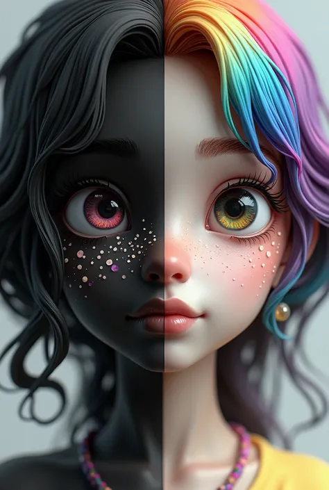 "3D cartoon girl, right half drawn in black and white and left half full of bright colors. The colored half expresses vitality and optimism, while the black and white half reflects calmness and depth.. Her facial expressions have a hint of contemplation, a...