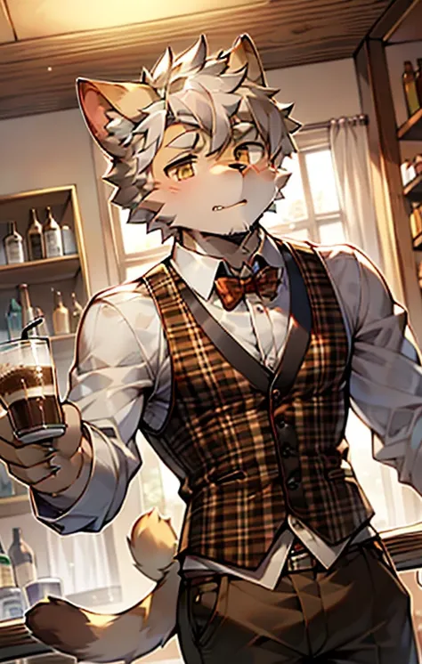 hairy、Men、Ultra-HD 4K Fan Art、Siamese cat、Brown plaid vest、Gray long sleeves、Light hair、Brown pants，Drink coffee