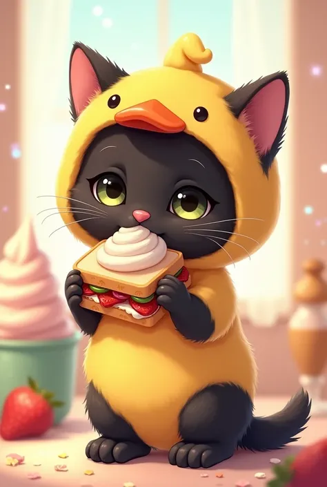 British Shorthair，Anime Touch，Baby Cat，Black cat，Cat in a duck costume、Eating a sandwich、ソフトクリーム食べています