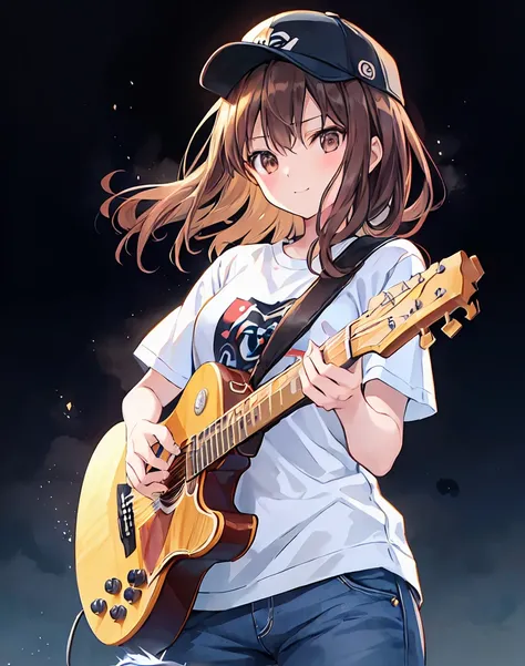 路上でguitarを弾くアニメの，Brown Hair，Shortcuts，Messy Hair，Slender beauty，A dignified posture，Small chest，Beautiful feet，Her captivating grey-blue eyes shine like stars，meet, Azusa Nakano, , (Brown eyes:1.5),,Baseball cap,Oversized T-shirt,Short sleeve,jeans,short b...