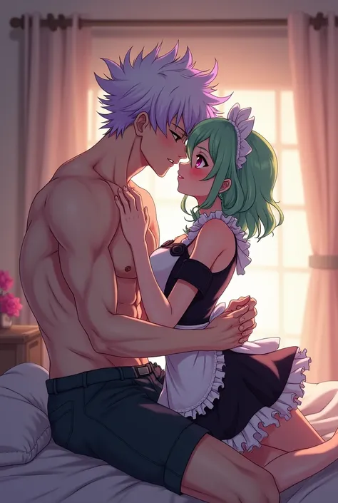 anime girl, light green hair, pink eyes, straight Long hair, big boobs, maid outfit, shy, red cheeks, kissing  another anime male, white curly hair, spiky hair purple eyes, glossy lip muscular tall male bedroom