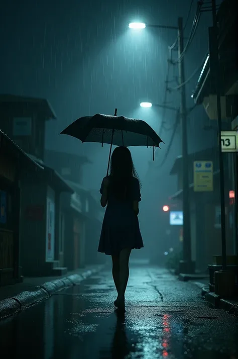 Dark night and girl walk on street and on upside umbrella and heavy rain