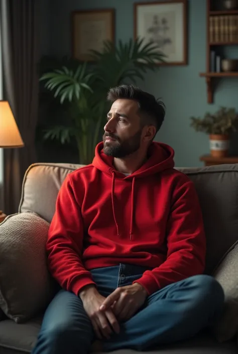 A man who set on the sofa and wear red hoodie see 