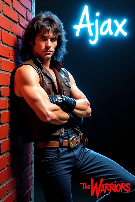 film The Warriors 1979 Stylized poster featuring a man (James Remar) leaning against a red brick wall. The man has white skin, shoulder-length hair and a dark gigachad face with a serious expression. He is wearing a sleeveless brown leather vest, classic r...