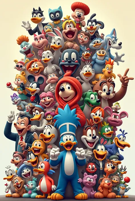 Create a photo of all diffrent cartoon characters  in vertical 

