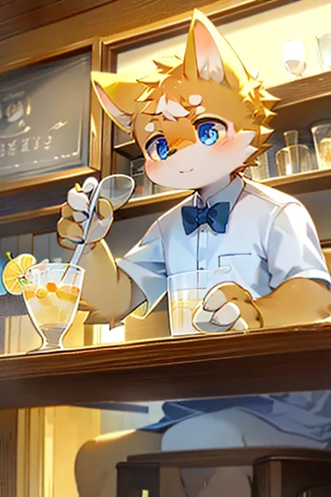 Big watery eyes,Warm island atmosphere,More soft details and shadows Corgi waiter:1.1),A large glass of iced lemonade,在Spanish Bar的内部. Spanish Bar，There is a wooden counter on the left, There&#39;There&#39;s an open door at the back., And the scenery of th...