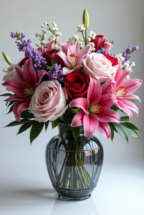 A bouquet of flowers that combines colors, black and white, inside a gray crystal vase.