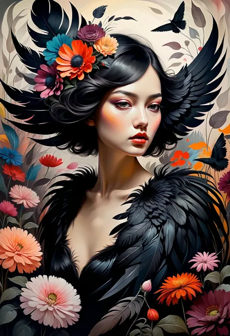 (Sensual illustration chiaroscuro), Illustration art, By Irina Kapi. Surrealism, Vintage Abstraction,  (Girl with black wings), (少女が浮いているPainting:1.2), Esbian all over body、Woman with black feathers, Big feather、Colorful flower garden background、Highest qu...