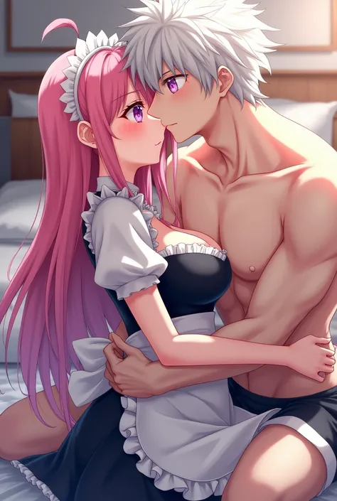 anime girl, pink green hair, blue eyes, straight Long hair, big boobs, maid outfit, shy, red cheeks, kissing  another anime male, white curly hair, pale skin curly hair purple eyes, muscular  male bedroom holding her breast