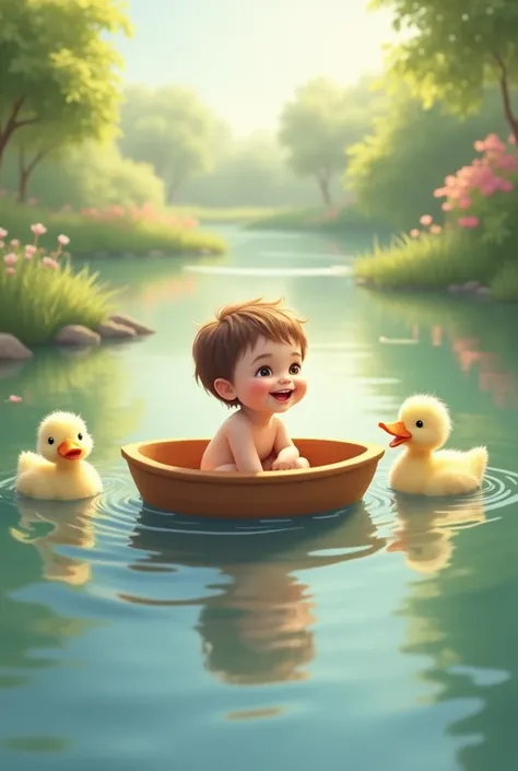 According to the description of the picture, a small boat is floating on the water, and a child is sitting in the boat. How many ducks are floating by his side, the child is very happy to see the ducks