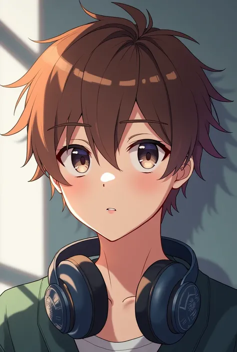 Anime boy with brown hair with headphones looking at the camera 