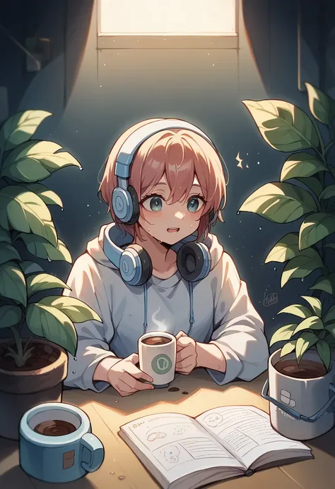 night、Girl listening to music in a cozy room, Use headphones, 2D Style Anime, I will fix it, hard disk, Dark Environment, plant, coffee, Wet day, plant, homework,