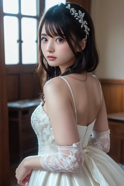 Highest quality,Tabletop,High resolution,Beautiful Eyes,Detailed Background,[Backlight],(Facial lighting),[close:0.8],(8k、RAW Photos、Highest quality、masterpiece:1.2)、(Realistic、Wedding dress