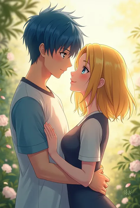 Itoshi Rin ( blue lock) with his girlfriend, who has shoulder-length yellow hair and blue eyes