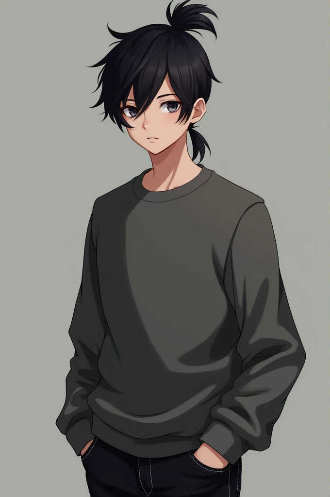 Young man, black hair with a ponytail, wears a Pullover and black jeans