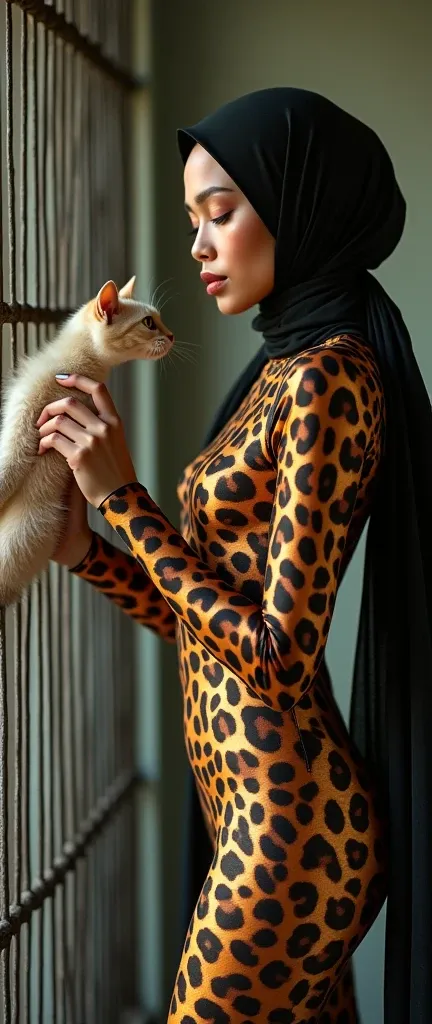 The beautiful,slender thin and clever Malaysian muslimah adult female girl with beautiful cheeks wears brown leopard print costume lycra turtleneck unitard catsuit covered with seamless spotted patterns and always wear brown leopard print lycra elastane st...