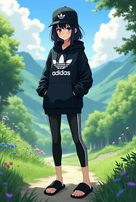 (photorealism:1.2), beautiful anime girl, black hair, wear black adidas striped slippers, black eyes, barefoot, wear black adidas cap, wear black adidas hood, wear black adidas striped leggings, background is countryside, Standing up