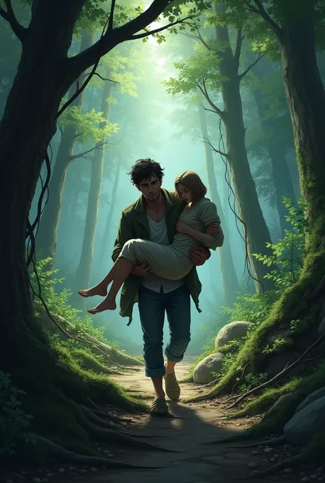 a worried brother carrying his unconscious sister through a forest