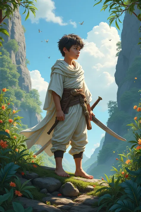 A young boy standing on a mountain with a sword on his waist and behind him are animals and many plants and he is wearing a white robe.