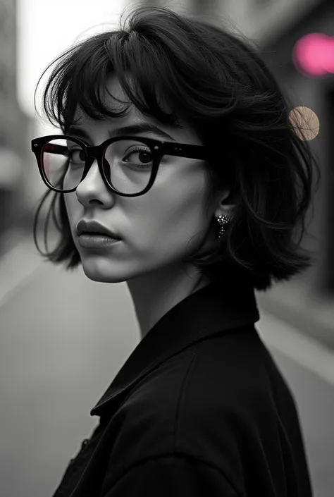 black and white photo o f agirl with short hair and specs with head tilted towards right. Add some elements of yellow/ hot pink to highlight