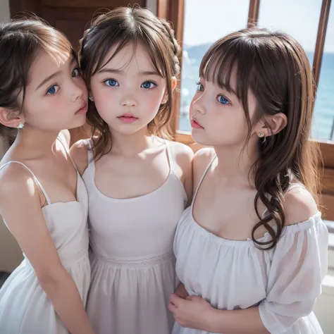 ((Highest quality)), ((masterpiece)), (High-definition photos), (little girl and cute girl and beautiful girl:1.4),  (3 girls), (drill hair), (spiral curl), (long blonde), (bangs),  (Young beautiful girl:1.3), gal, long, Light eyeshadow, (earrings), during...