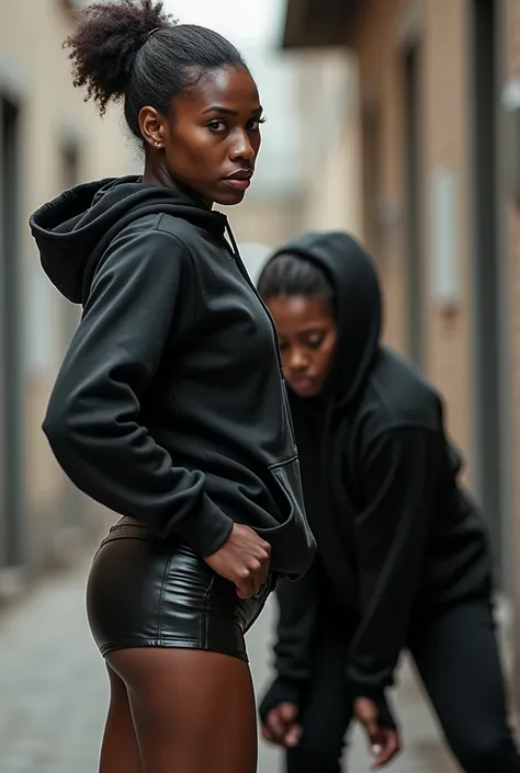 black woman hair in a bun black hoodie black leather short shorts old ugly woman in a jogging suit holding squeezing her ass
