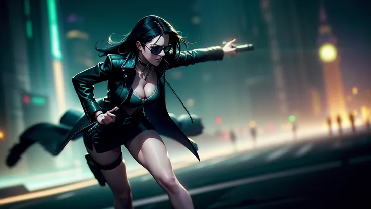 cyberpunk-style city with a nocturnal vibe with Matrix-like aesthetic references, glowing huge clock tower as time machine, green glowing cascading code. At night, (1girl, solo, alone), photorealistic, medium-breast slim:0.6 body, oval:0.5 face, cleavage:1...