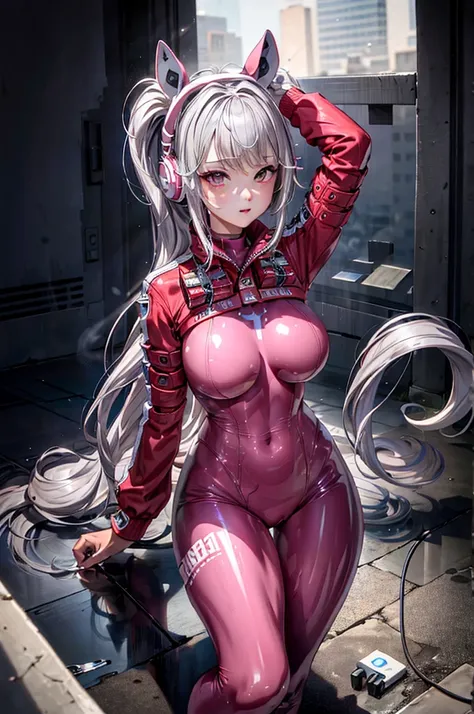 (highest quality), pretty girl, gray hair, double tail, Alice (nod), latex, plug suit, masterpiece，complex scene