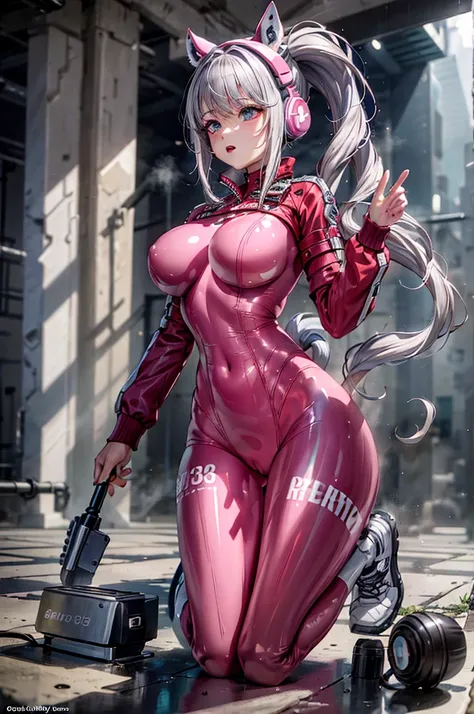 (highest quality), pretty girl, gray hair, double tail, Alice (nod), latex, plug suit, masterpiece，complex scene