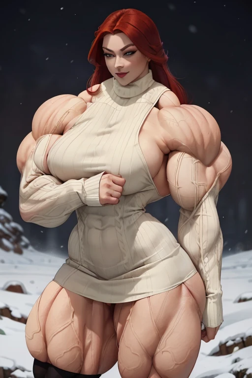 (Close-up), tall, (red hair), beautiful muscular asian woman, long hair, pale white skinned, closed smile, (black lipstick), ((massive muscles)), (hyper muscle), ((ginormous bulky muscles)), yellow eyes, (((beautiful red long sleeve turtleneck sweater dres...