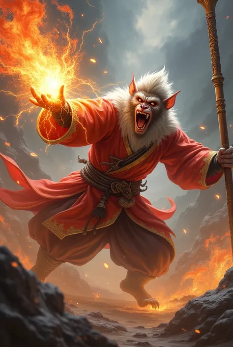 generate a highly detailed and atmospheric view of Sun Wukong battling the god Erlang. Sun Wukong has an otherworldly appearance, and in his hand he swings a magic staff that emits fire. The creatures face is a Chinese legendary monkey, with sharp angles a...