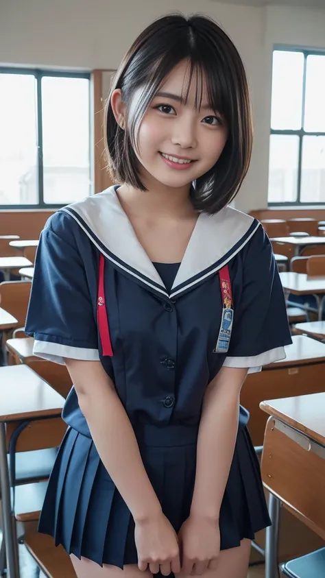 (Highest quality,masterpiece:1.3,Ultra-high resolution),(Very detailed,8k),(Realistic:1.4,RAW shooting)。A cute  young woman。Composition above the knees。The best smile。Small Bust。A cup breasts。Plump figure。Short hairstyle。Student uniform。School classroom。