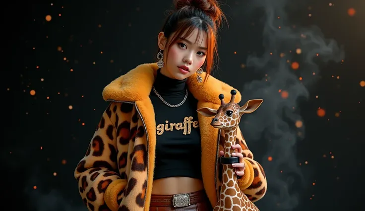 beautiful tanned japanese woman, wearing a designer fur puffer crop girrafe print jacket , and black turtle neck t-shirt underneath the coat, write "GIRRAFE" with glitter on t-shirt, (t-shirt tucked in) (t-shirt underneath skirt) tucked in the t-shirt insi...