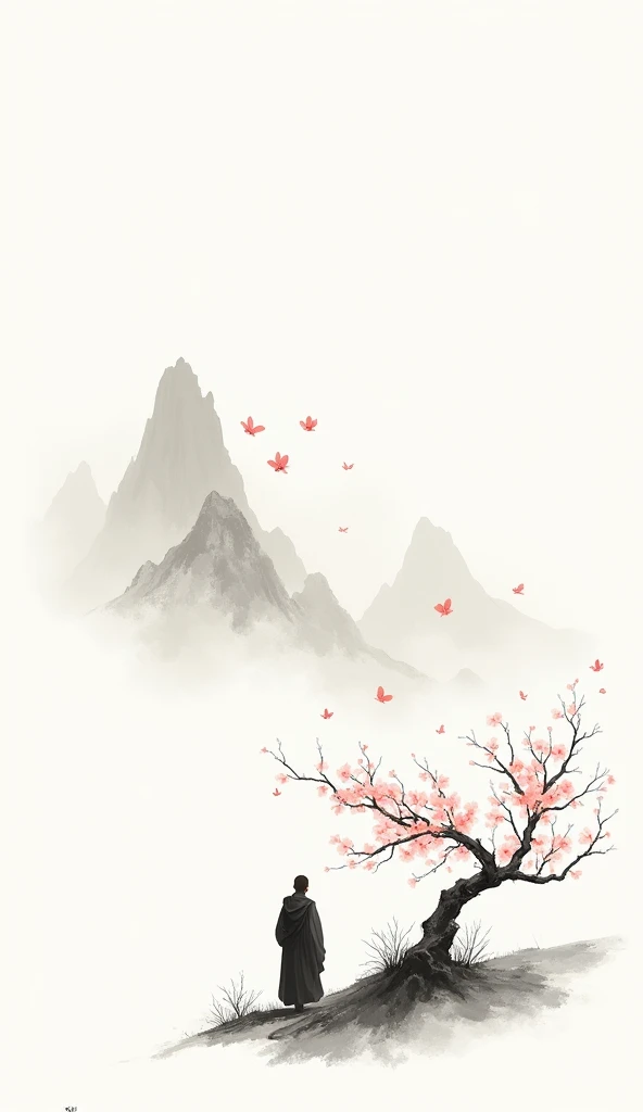 Lots of white space ，White background, simple, Minimalism, Abstract,Hand Painted，Aesthetic，black and white，Ink Painting，，a mountain，There are plum blossoms，Man looking into the distance，Monk，一幅Abstract的艺术插图, author：Xu Shuai, Arte no estilo de Gu Weiss, Shi...