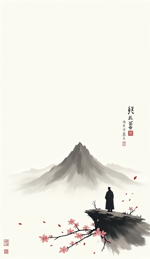 Lots of white space ，White background, simple, Minimalism, Abstract,Hand Painted，Aesthetic，black and white，Ink Painting，，a mountain，There are plum blossoms，Man looking into the distance，Monk，一幅Abstract的艺术插图, author：Xu Shuai, Arte no estilo de Gu Weiss, Shi...