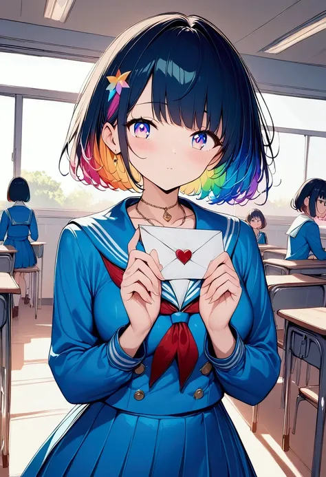 (((anime))) One Woman,Hand over the letter,With both hands,Gal,Short Hair,Messy short bob,(Rainbow Hair),Oblique bangs,One eye is hidden,Blushing,necklace,avert your eyes,Rainbow Eyes,Big eyes Sailor suit,Volume sleeve,classroom,sunlight,masterpiece,Highes...