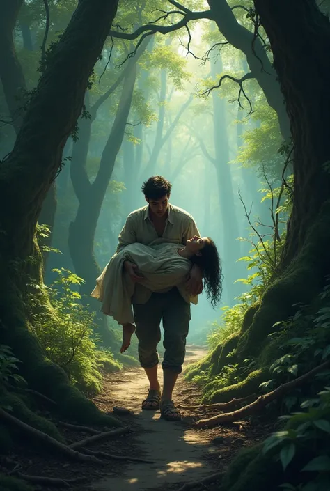 a worried brother carrying his unconscious sister through a forest