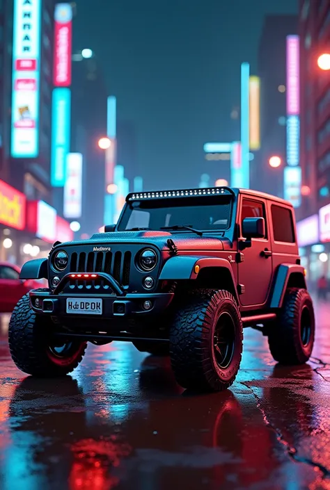 A black  modified mahindra Thar  standing in neon light  in the side of city