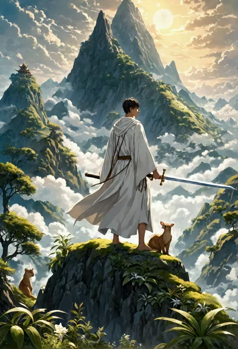 A young man standing on a mountain with a sword hanging over his waist and behind him are animals and many plants and he is wearing a white robe.