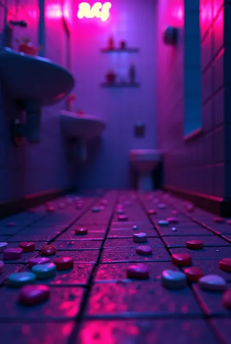 Heart-shaped drug pills lying on the floor of a nightclub bathroom with purple neon lighting