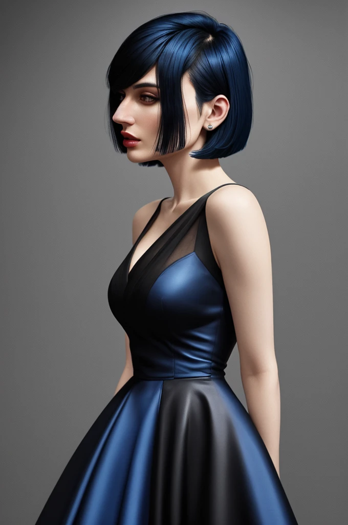 Blue black hair, bobcut, undercut, severe dress