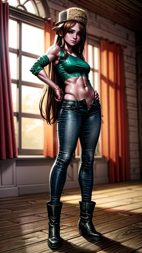 Wendy Corduroy, BREAK: long straight reddish brown hair, fitted_open_green_flannel over shirt (3/4 cropped), tight_white sports bra under shirt, (midriff showing) , skin-tight jeans, (thigh cutout) , loose leather work boots, BREAK: slim build, small bust,...