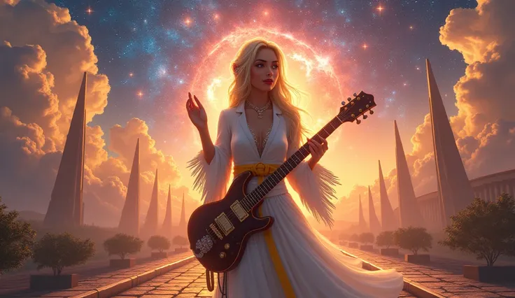 ((nebulae stars panoramic nebula starry_sky sunset spacious Sunshine )) sunrise stance, (holding guitar:1.3) Charocalist:1.3 Guitarist Musician Pianist girl_and_a_Dragon UnrealEngine5 ultra Cinematic_Lighting masterpiece Goddess with large breasts, deep pa...